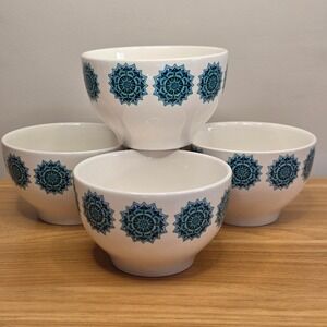 Royal Norfolk Set of 4 Snowflake Medallion Teal Blue Ceramic Soup Cereal Bowls